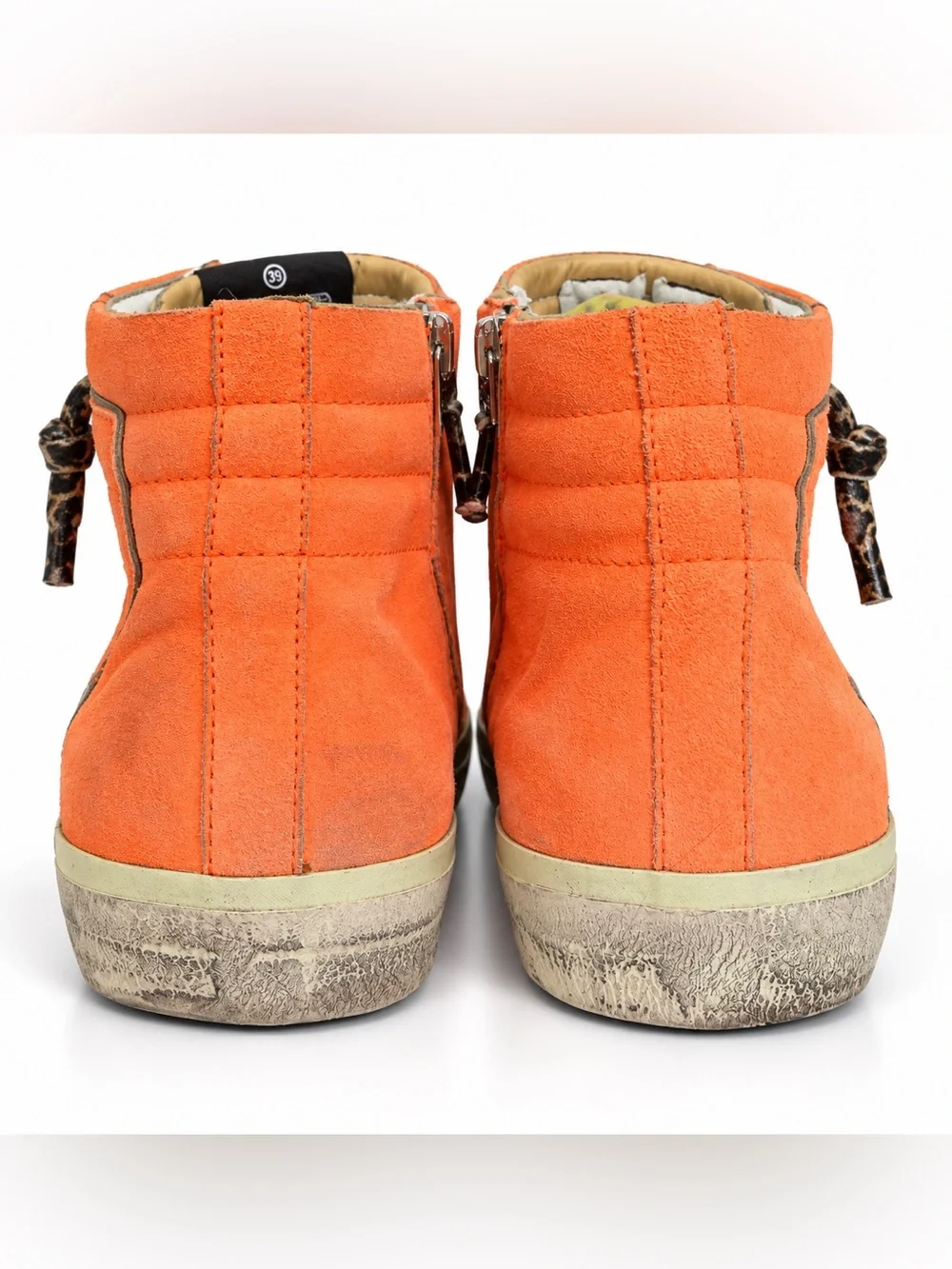 Golden Goose GGDB Slide Orange Suede High Top Sneakers Leopard Laces Sz 39